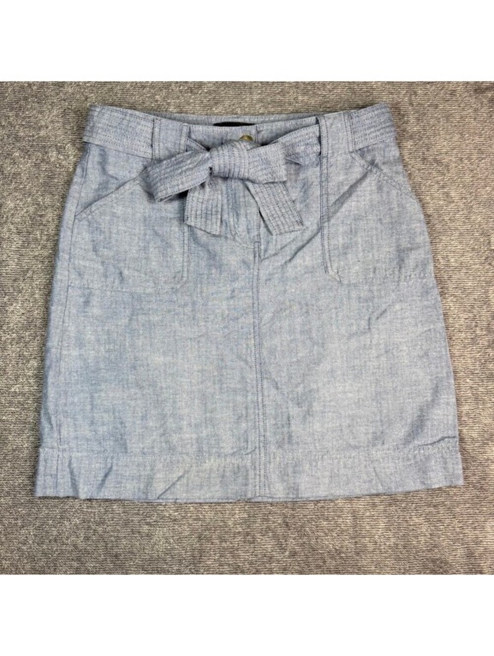 Talbots Newport Chambray Tie Waist Utility Skirt Size 4P 100% Cotton Blue Mini